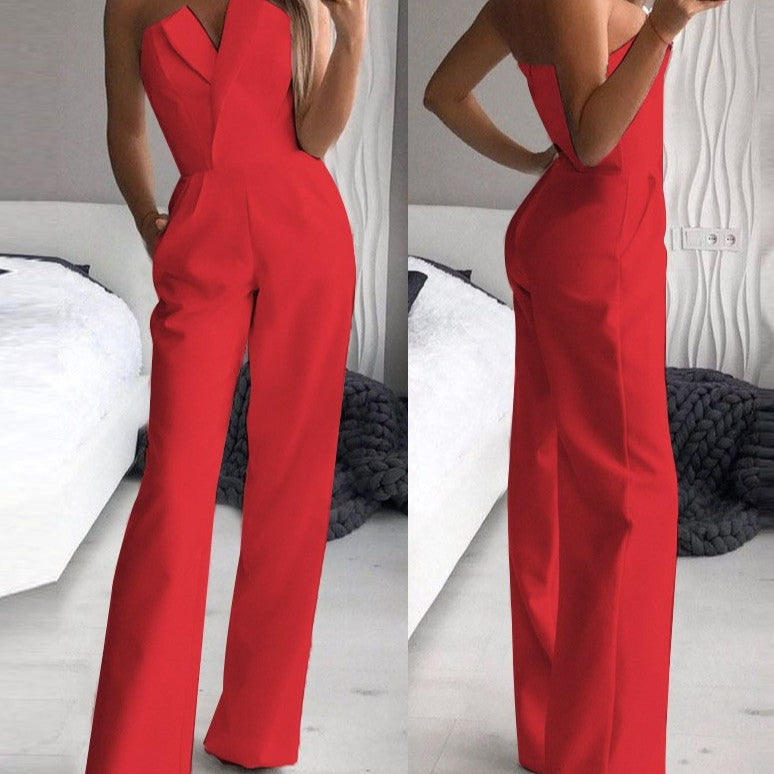 Image of Bonnie | Women's Strapless V-Neck Wide Leg Jumpsuit