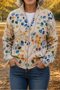 Botanical Print Zip-Up Bomber Cardigan