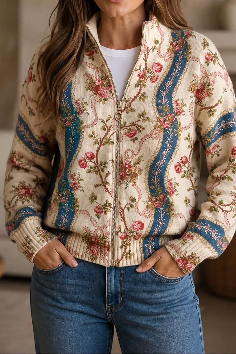 Botanical Print Zip-Up Bomber Cardigan