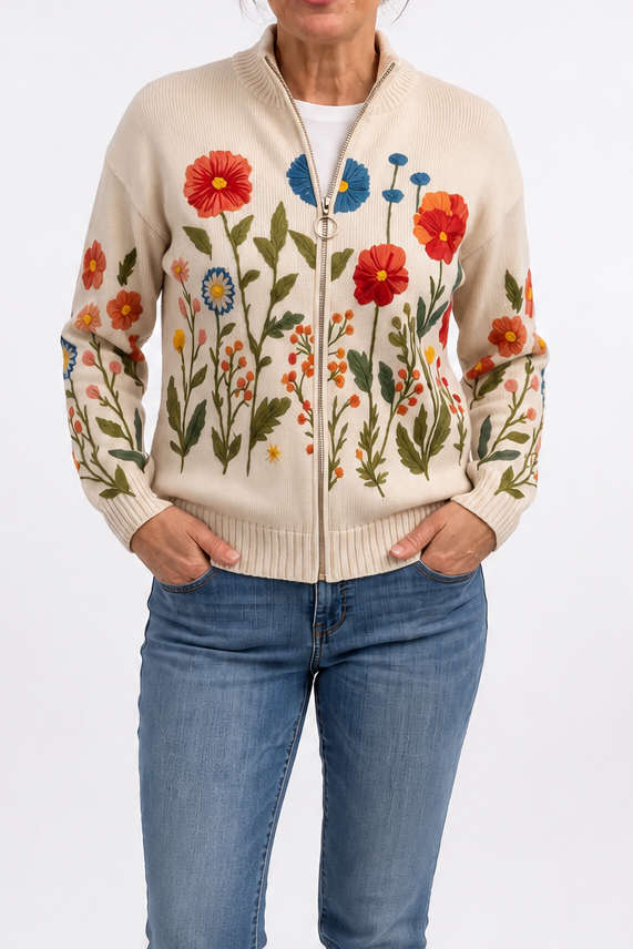 Botanical Print Zip-Up Bomber Cardigan