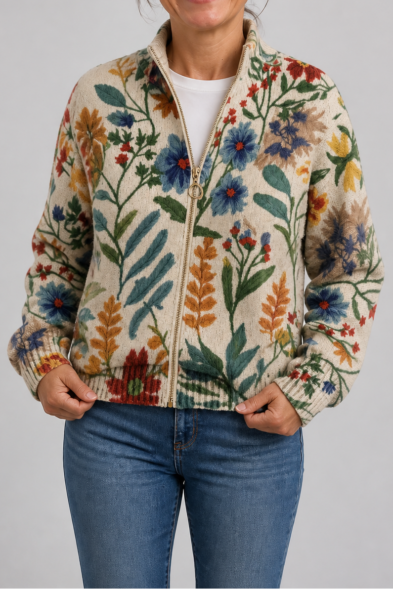 Botanical Print Zip-Up Bomber Cardigan