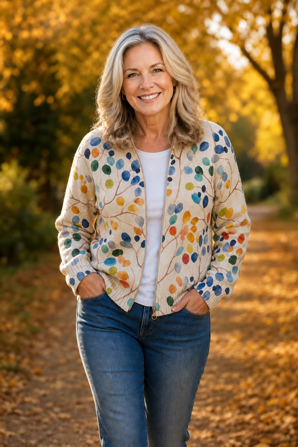 Botanical Print Zip-Up Bomber Cardigan
