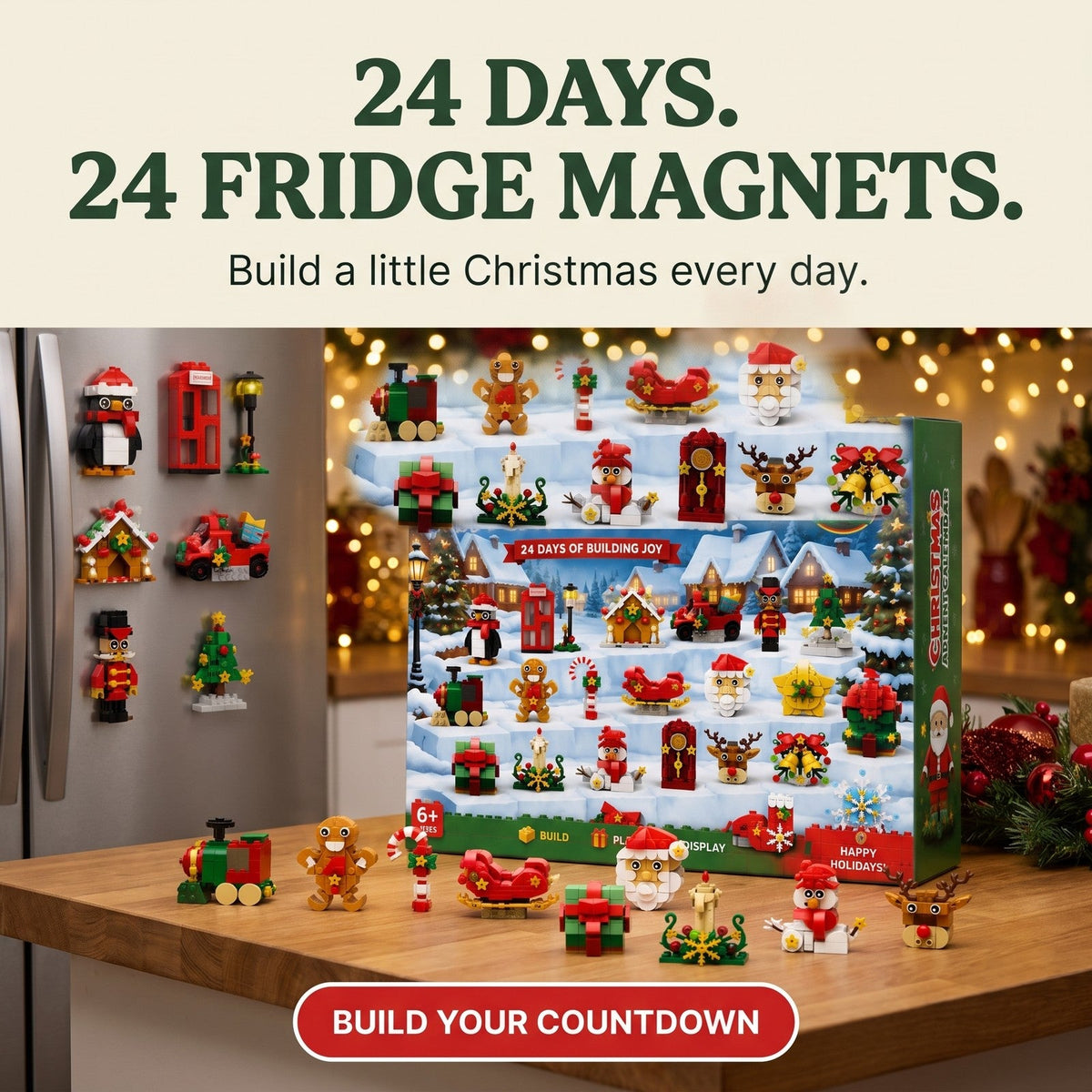 Christmas Fridge Magnet Advent Calendar, 24 Brick Magnets to Build