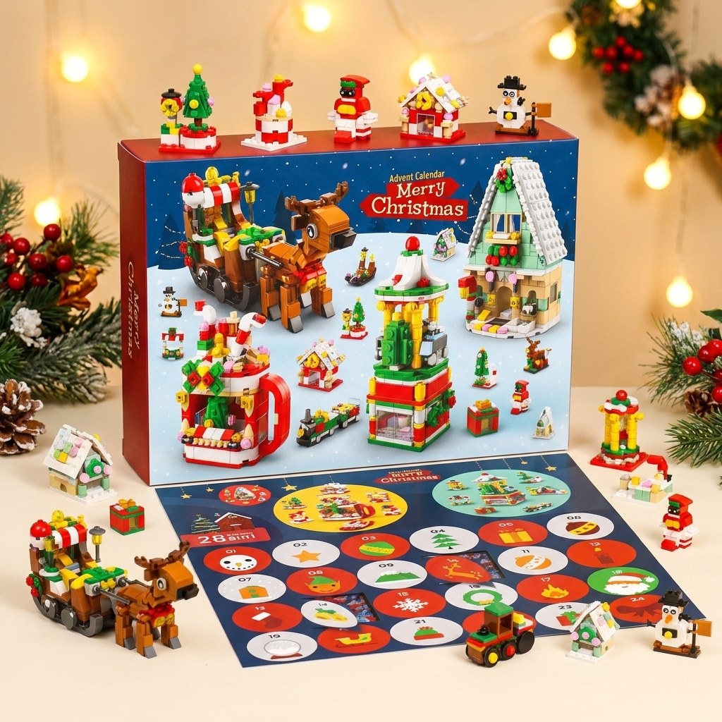 Christmas Village Brick Advent Calendar, 28 Builds 6-in-1, Nutcracker, Sleigh or Tree Set