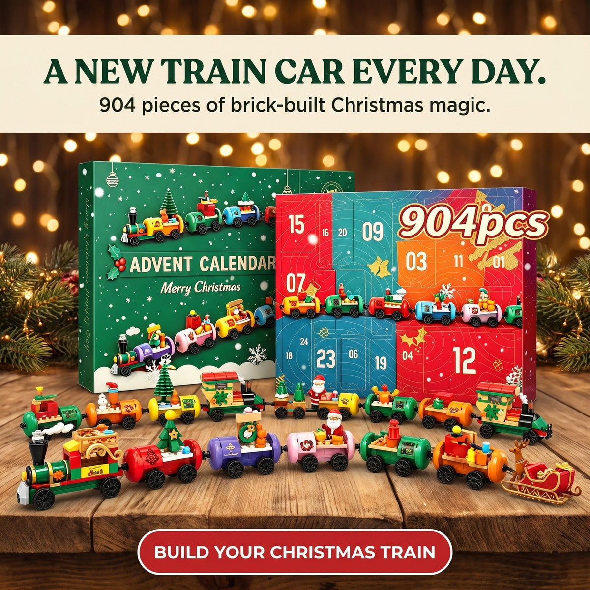 Christmas Train Advent Calendar, 904-Piece Brick Train with Santa and Sleigh