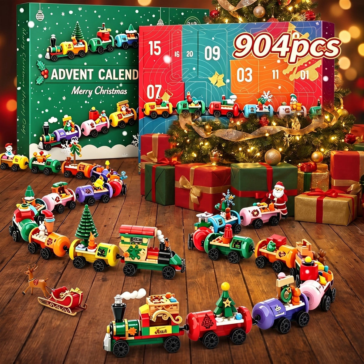 Christmas Train Advent Calendar, 904-Piece Brick Train with Santa and Sleigh