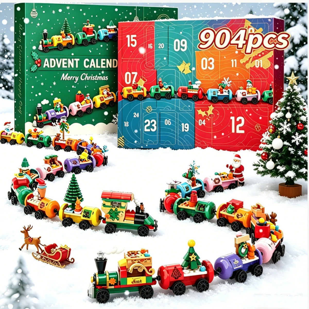 Christmas Train Advent Calendar, 904-Piece Brick Train with Santa and Sleigh