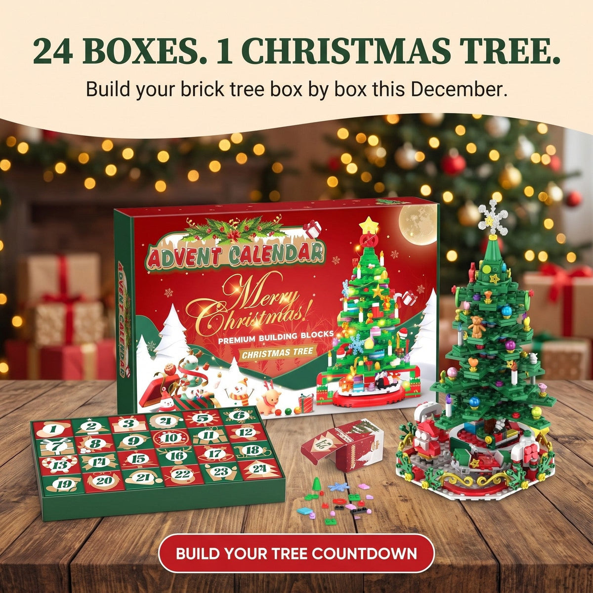 Christmas Tree Brick Advent Calendar, 24 Boxes Build One Big Tree, String Lights Included