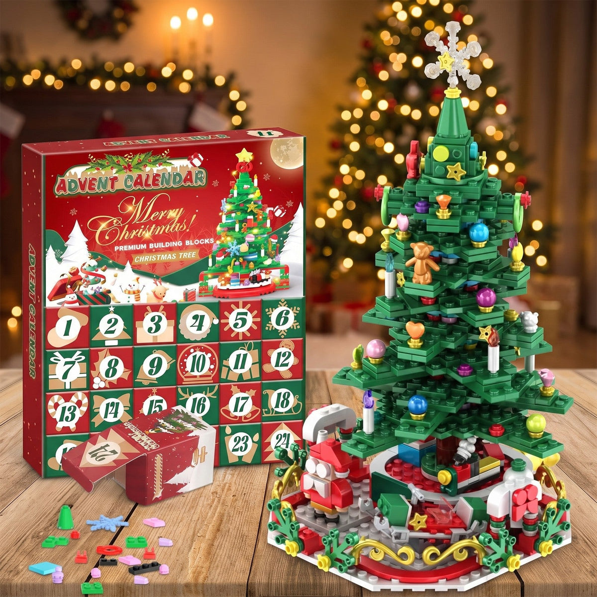 Christmas Tree Brick Advent Calendar, 24 Boxes Build One Big Tree, String Lights Included