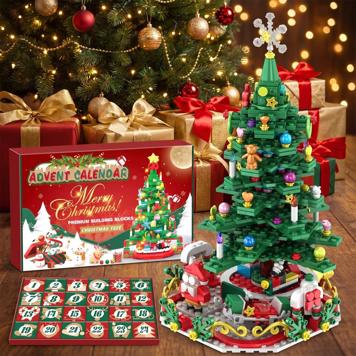 Christmas Tree Brick Advent Calendar, 24 Boxes Build One Big Tree, String Lights Included