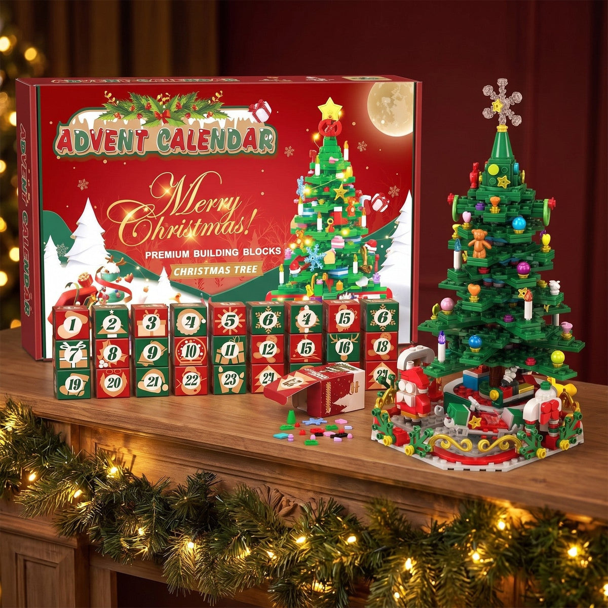 Christmas Tree Brick Advent Calendar, 24 Boxes Build One Big Tree, String Lights Included
