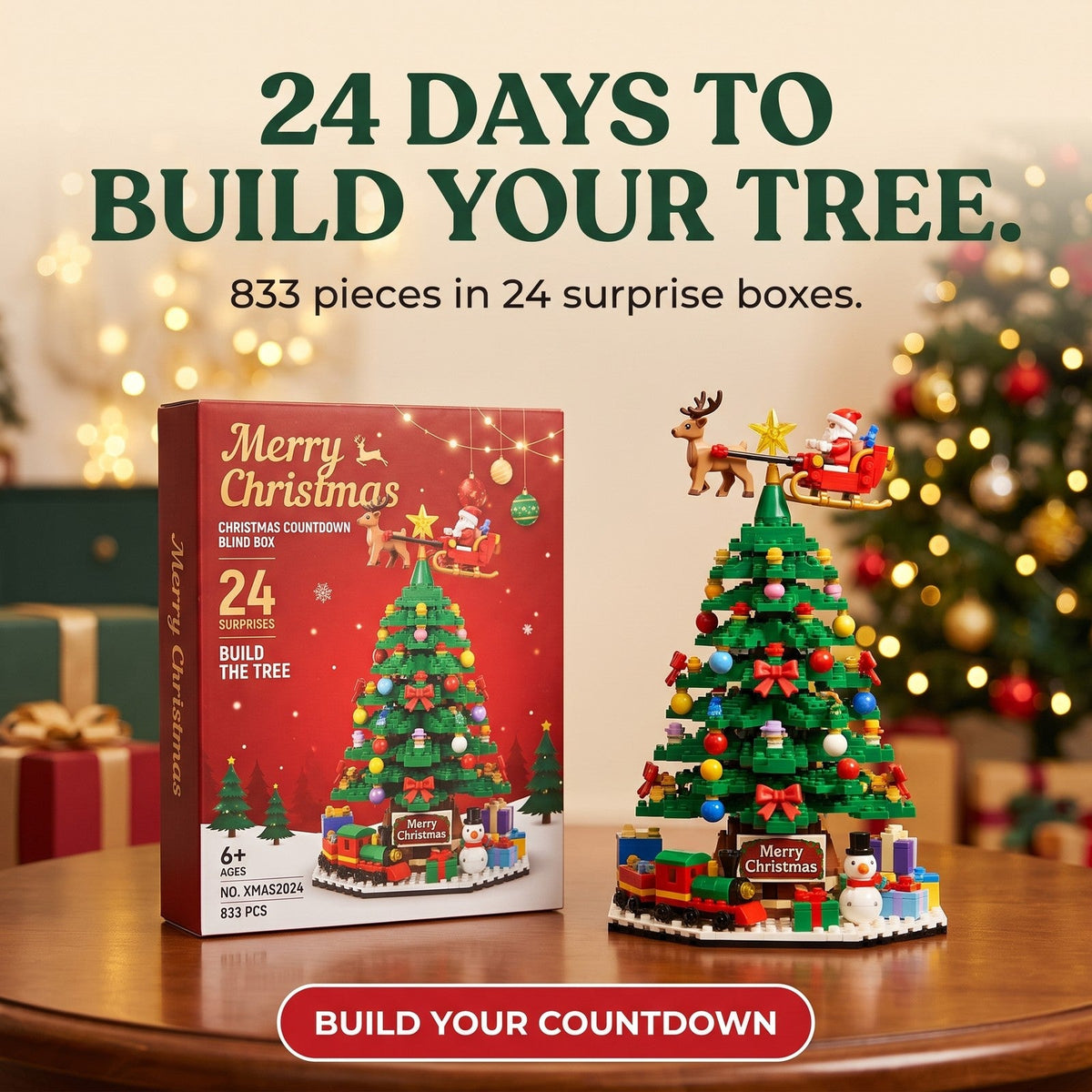 Christmas Tree Brick Advent Calendar, 833 Pieces in 24 Surprise Boxes