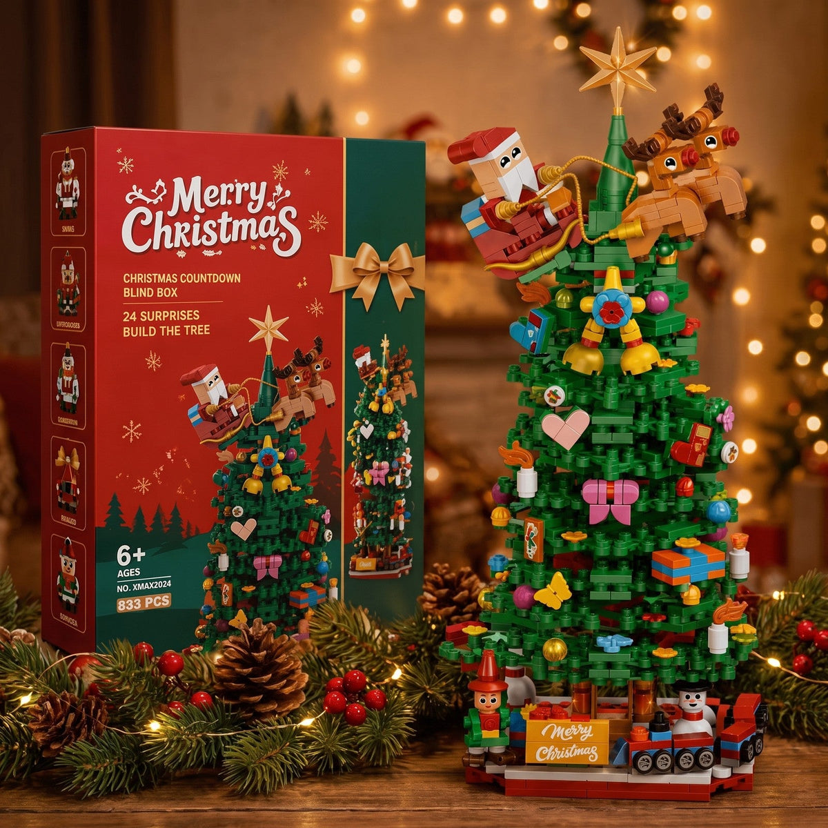 Christmas Tree Brick Advent Calendar, 833 Pieces in 24 Surprise Boxes