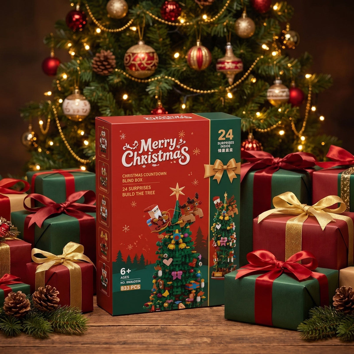 Christmas Tree Brick Advent Calendar, 833 Pieces in 24 Surprise Boxes
