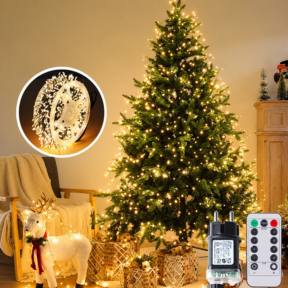 Christmas Tree Cluster Lights - LED String Lights with Green Wire and Remote Control