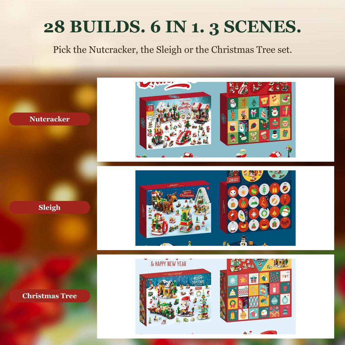 Christmas Village Brick Advent Calendar, 28 Builds 6-in-1, Nutcracker, Sleigh or Tree Set