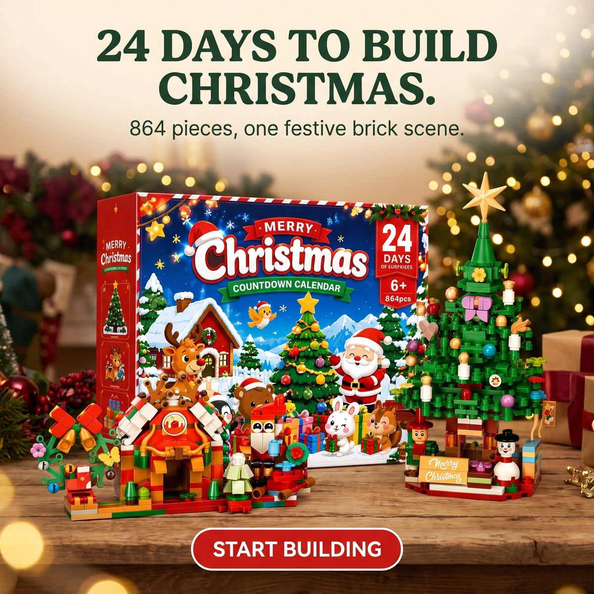 Christmas Village Brick Advent Calendar, 864 Pieces with House, Santa and Tree