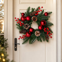 Christmas Wreath with Red Baubles, Berries and Pine Cones