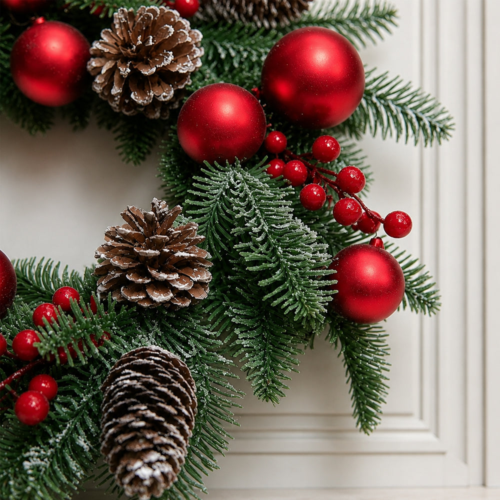 Christmas Wreath with Red Baubles, Berries and Pine Cones