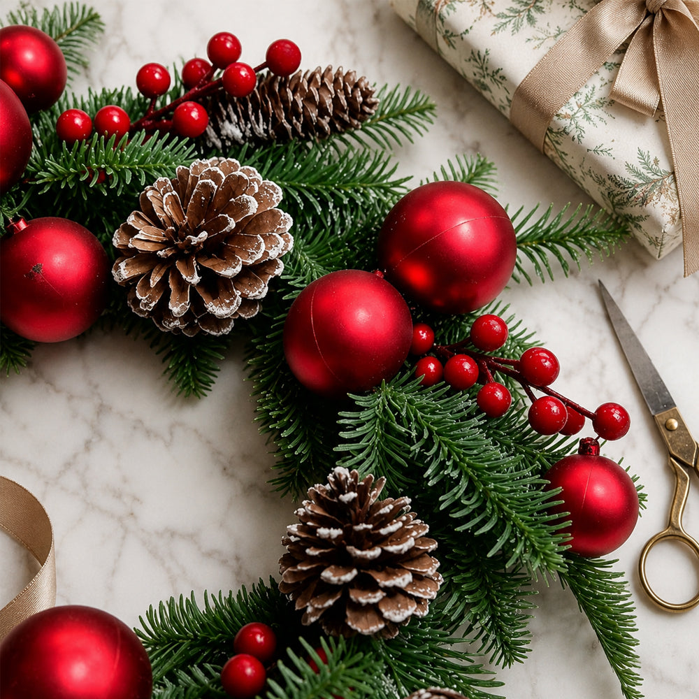 Christmas Wreath with Red Baubles, Berries and Pine Cones