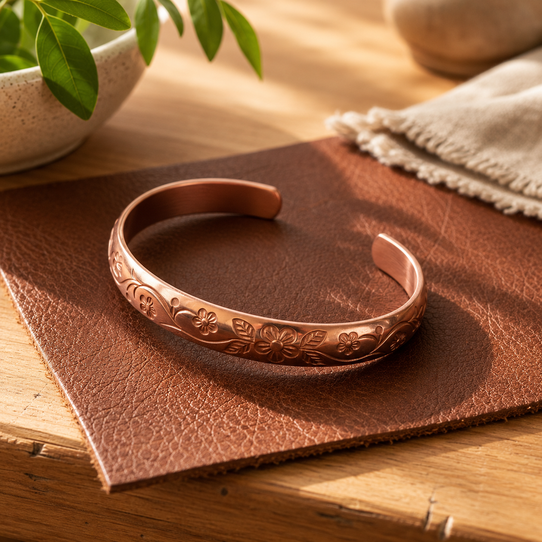 Blossom Relief Copper Cuff — alternate product photograph