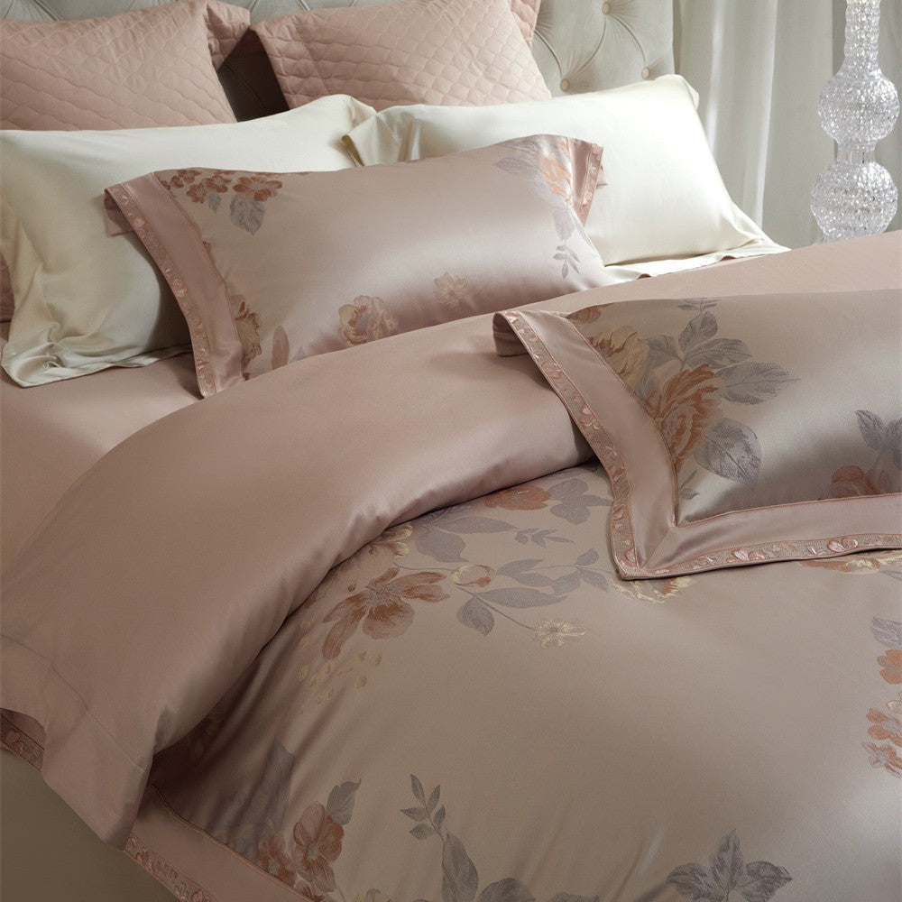 Cotton Sateen Bedding Set with Floral Jacquard Texture, Reversible Design and Quilted Pillowcase