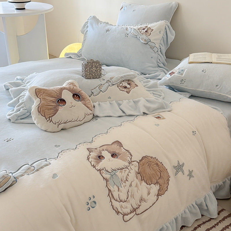 Cozy Bedding Set with Embroidered Cat Appliqué, Ruffles, and Decorative Pillow