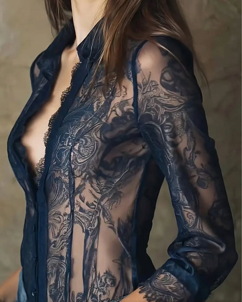 Image of Crystal | Women's Sheer Lace Button-Down Blouse