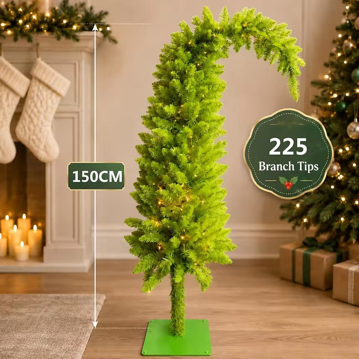 Curved Christmas Tree - Slim Whimsical Design with Full Branches and Metal Stand