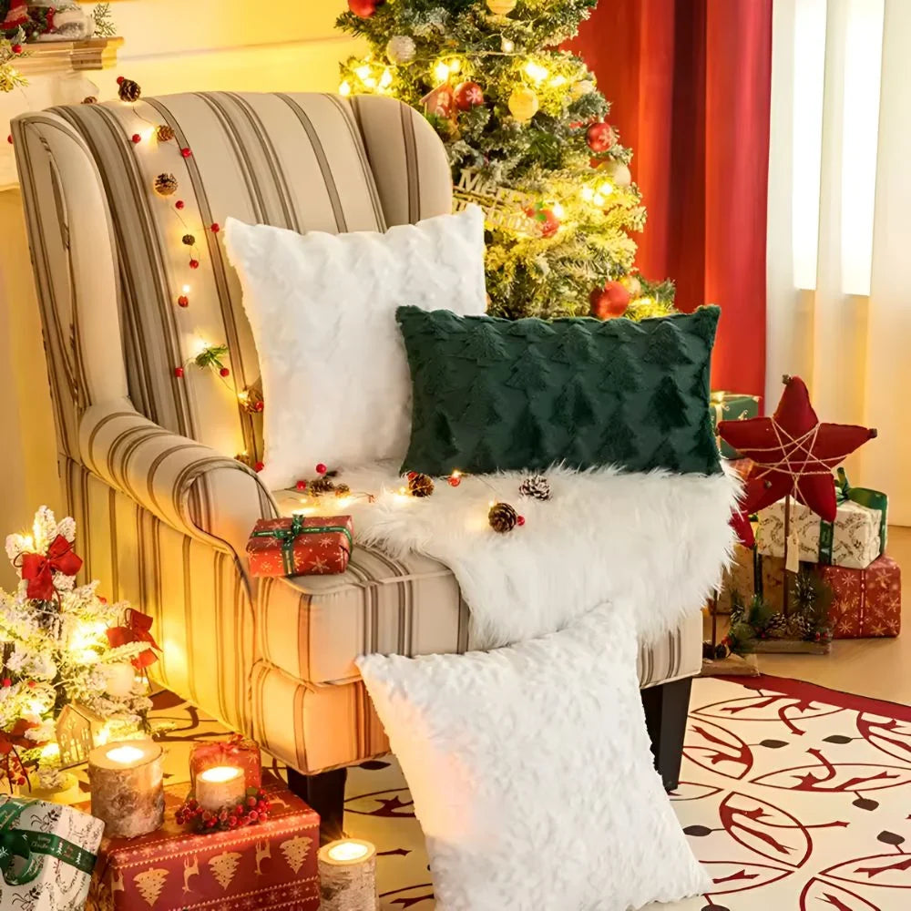 Decorative Plush Cushion Cover with Textured Christmas Tree Pattern