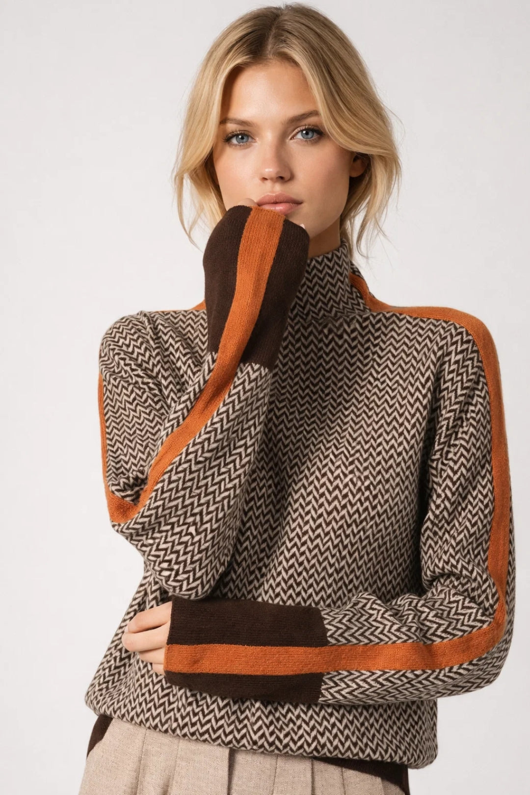 Image of Delilah | Women's Turtleneck Chevron Pattern Sweater