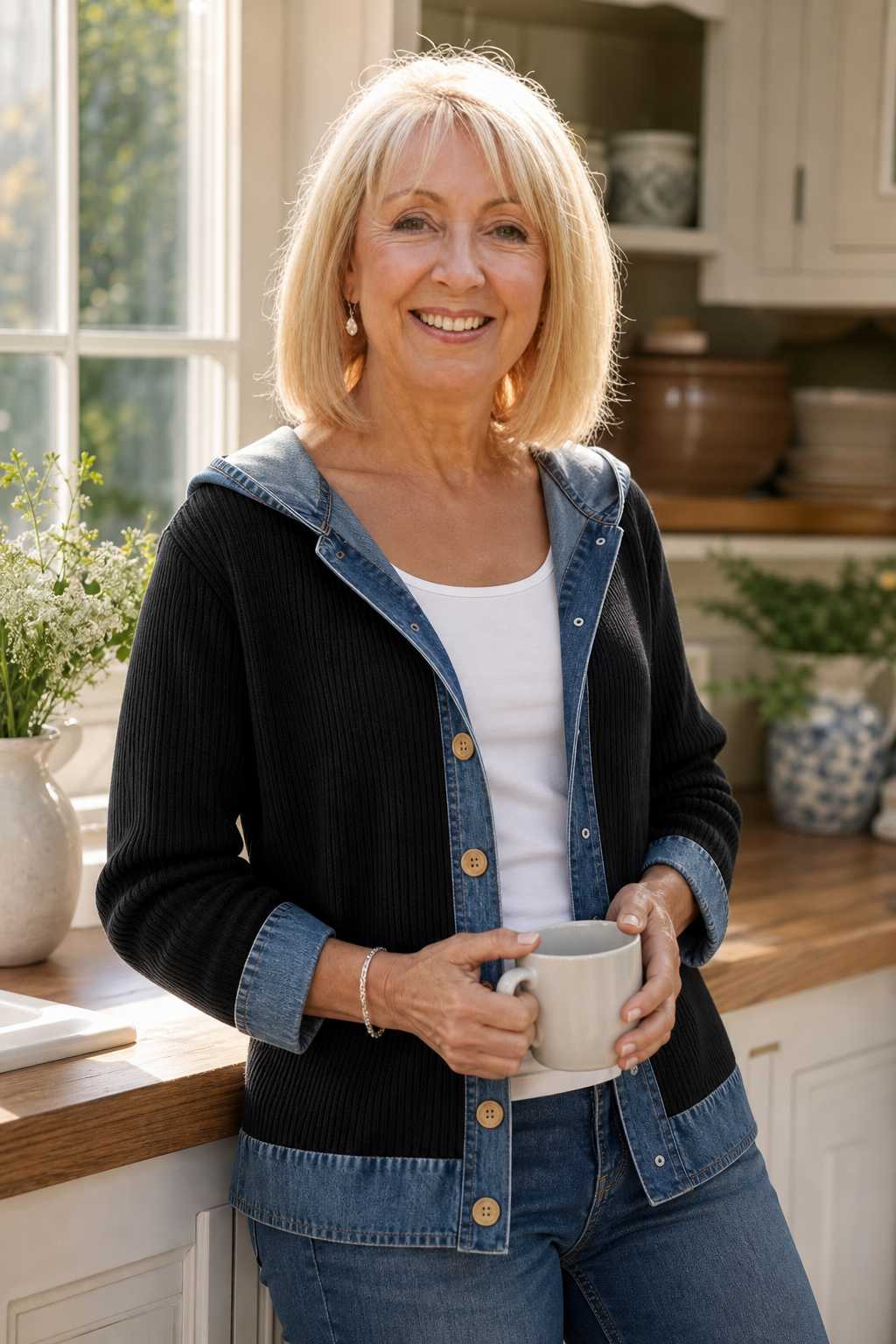 Denim-Look Patchwork Hooded Cardigan