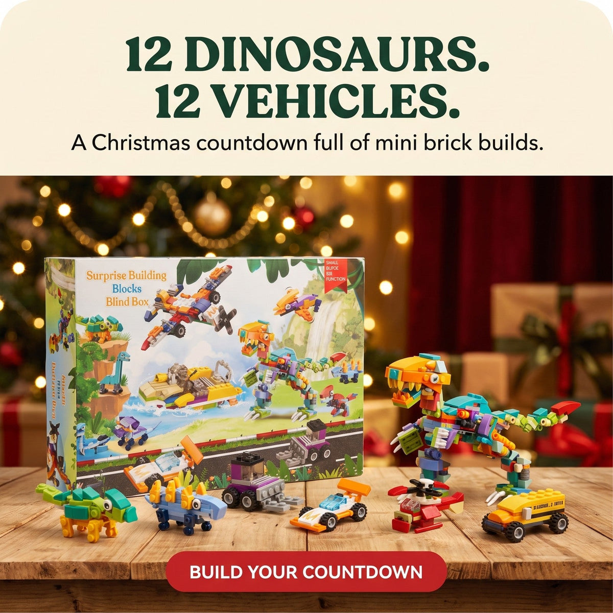 Dinosaur and Vehicle Advent Calendar, 24 Mini Brick Builds plus Big T. Rex and Plane