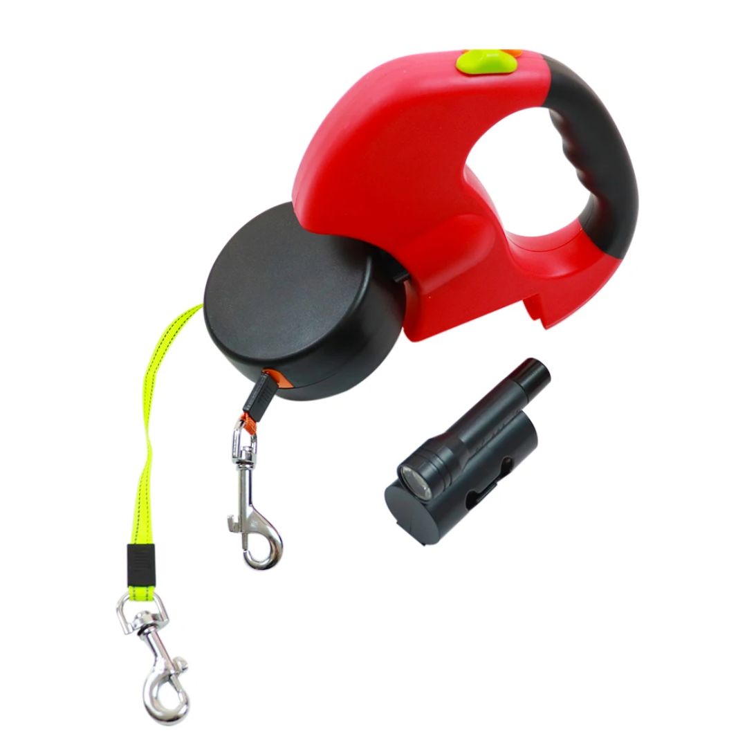 Double Dog Leash with Flashlight and Waste Bag Holder