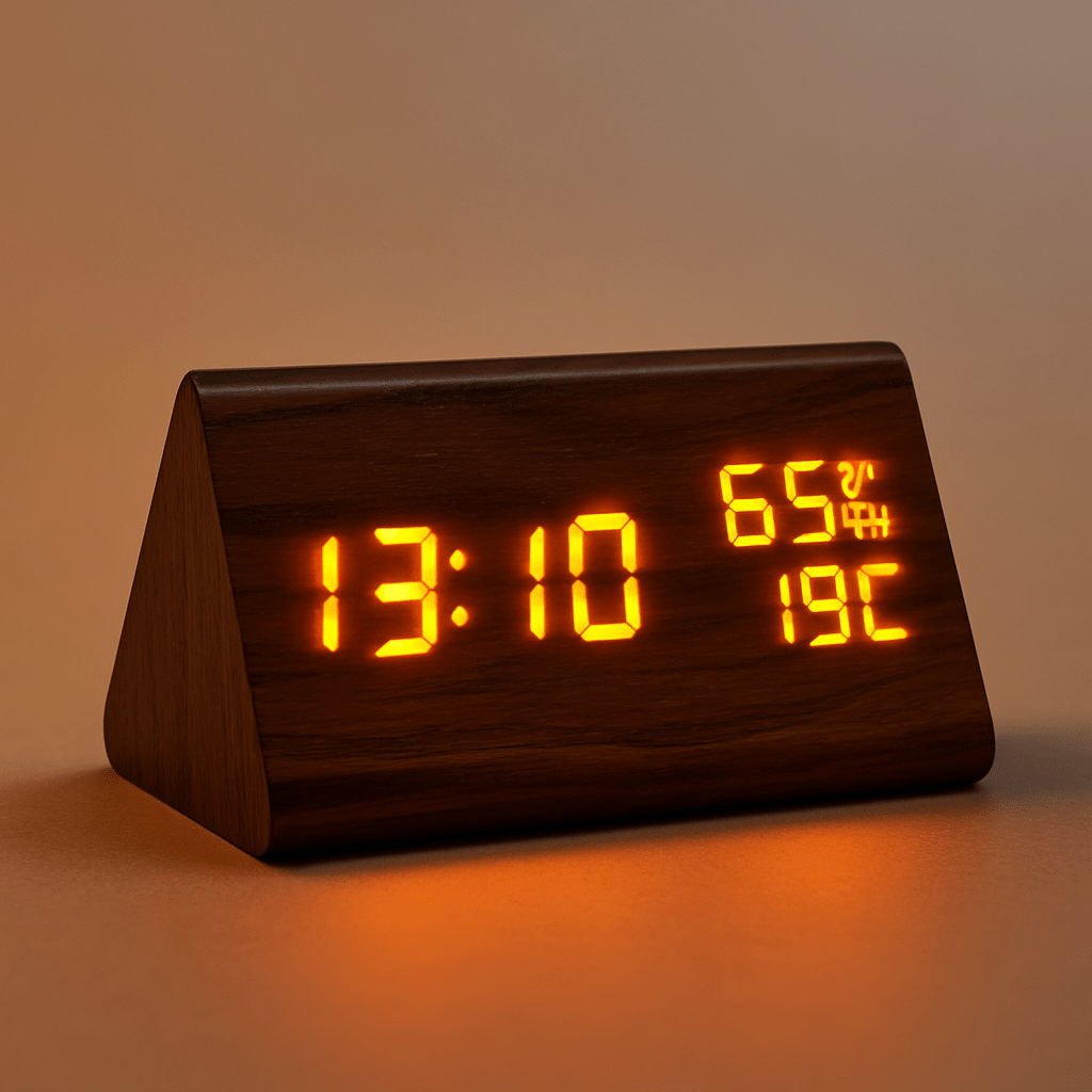 ECOCLOCK – Minimalist Digital Wooden Clock with Temperature Display & Light Control