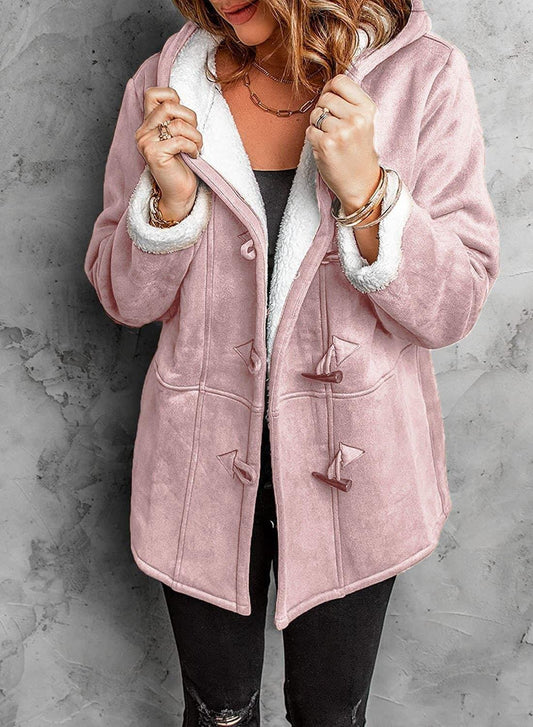 Elegant Hooded Coat with Unique Button Design