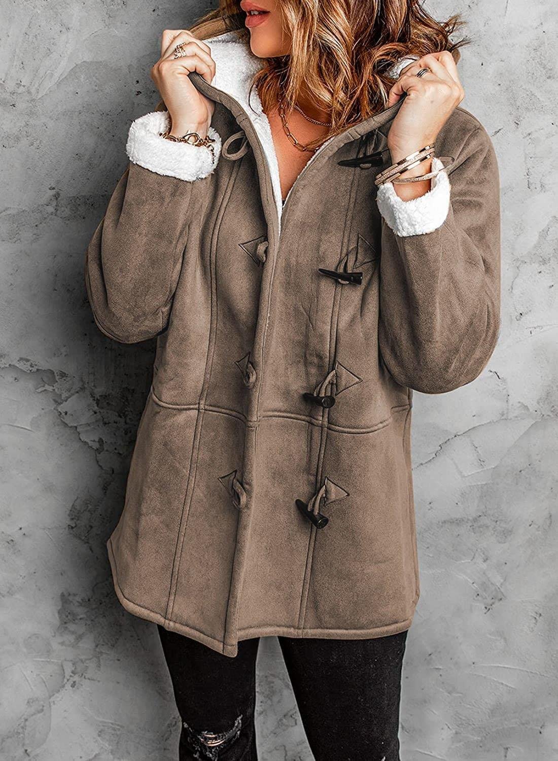 Elegant Hooded Coat with Unique Button Design