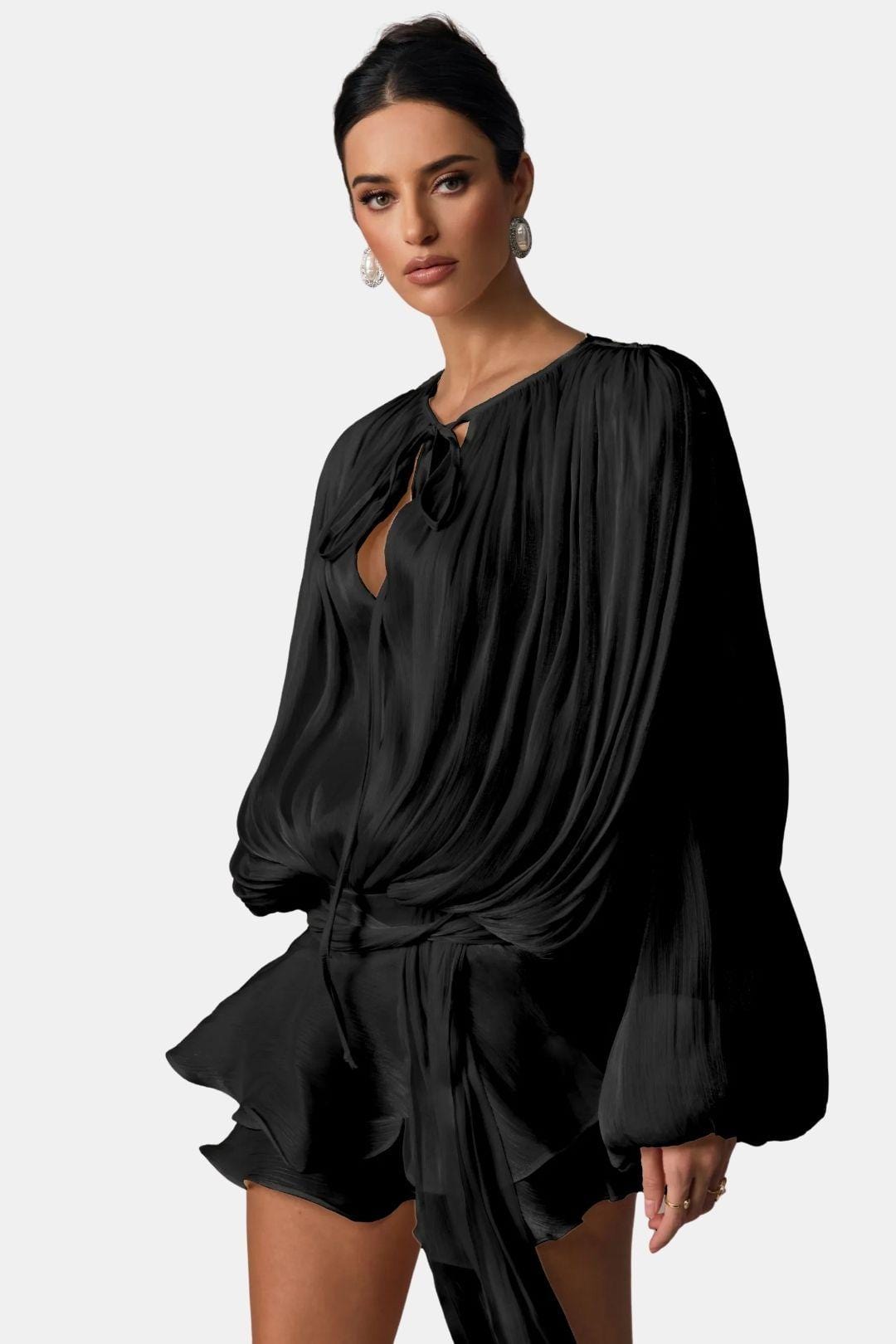 Image of Elsie | Women's Long Sleeve Mini Tie Neck Dress