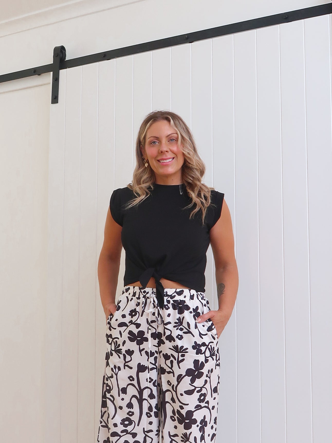 Image of Esther | Women's High Waisted Floral Print Wide Leg Pants