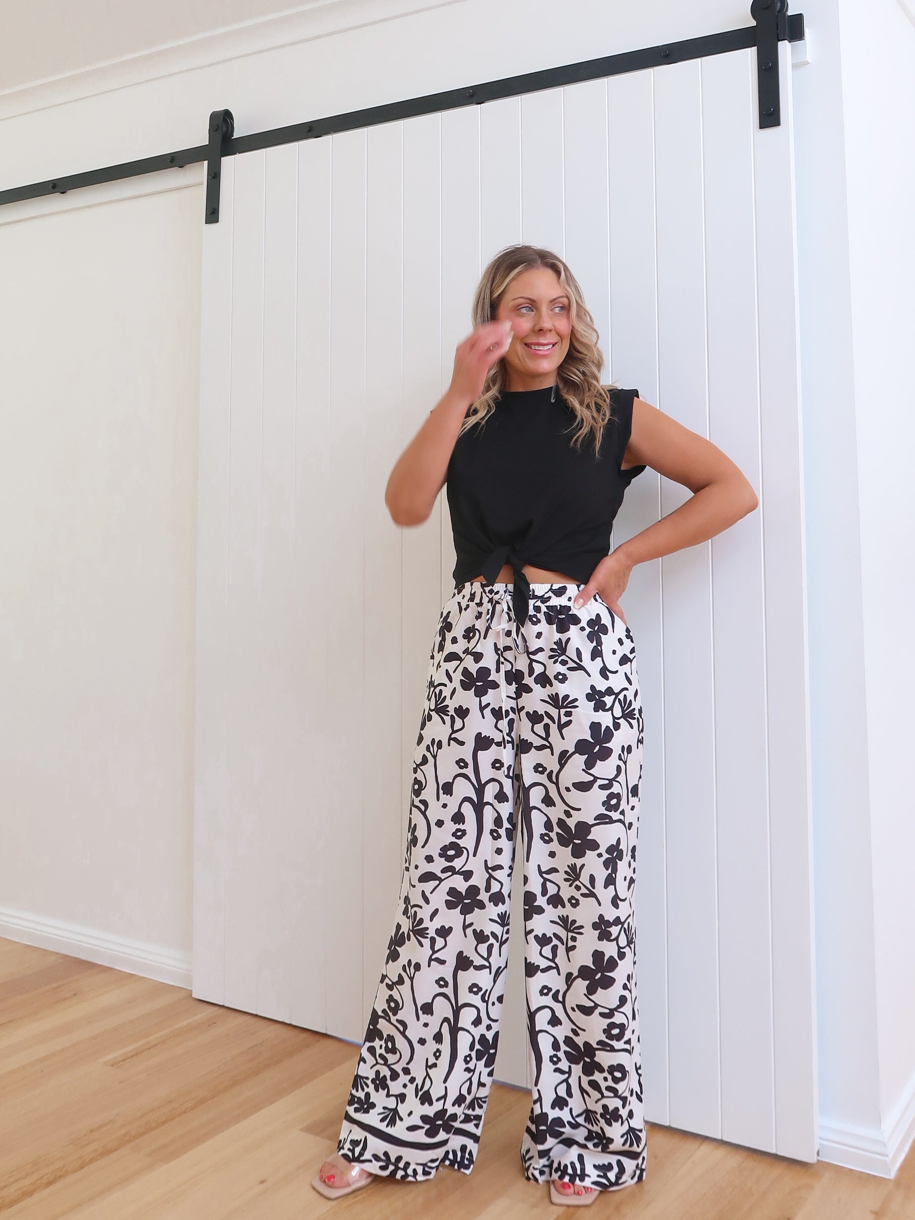 Image of Esther | Women's High Waisted Floral Print Wide Leg Pants