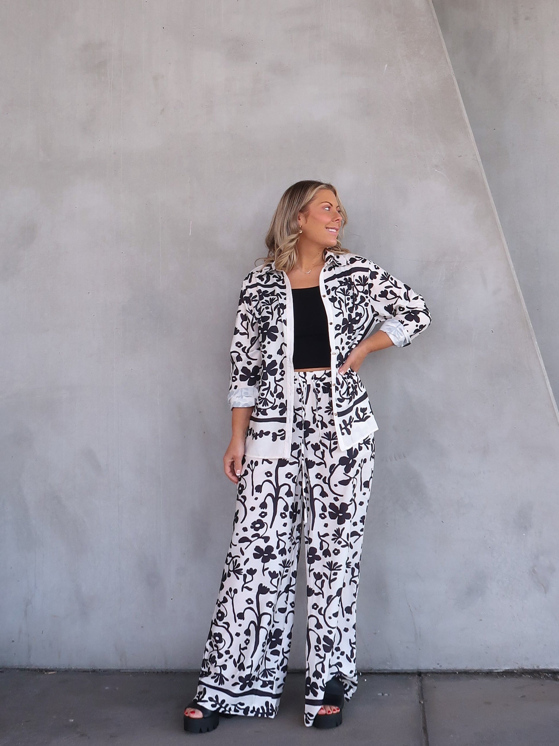 Image of Esther | Women's High Waisted Floral Print Wide Leg Pants