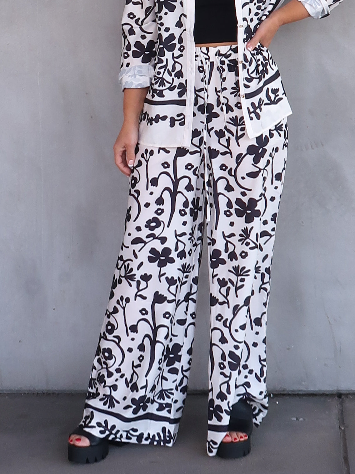 Image of Esther | Women's High Waisted Floral Print Wide Leg Pants