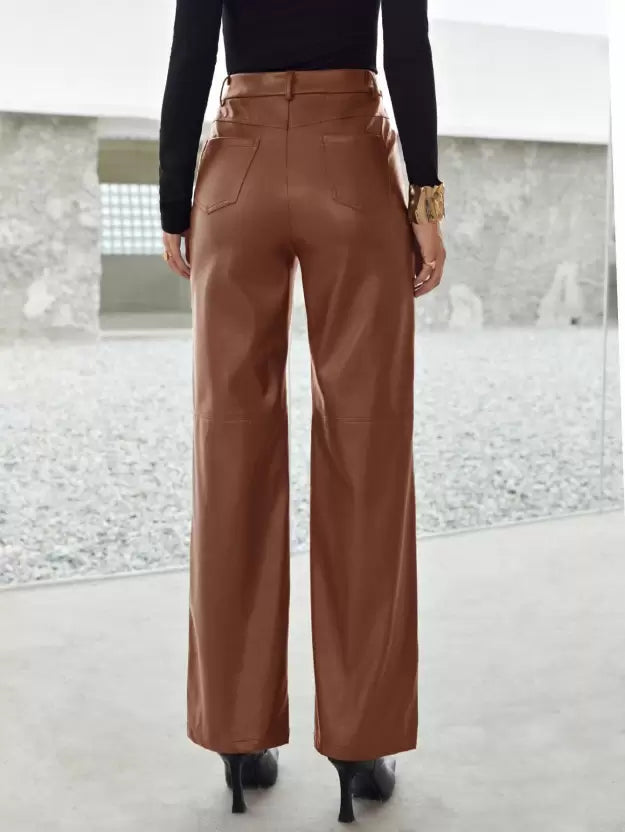 Image of Eva | Women's High-Waisted Faux Leather Wide Leg Pants