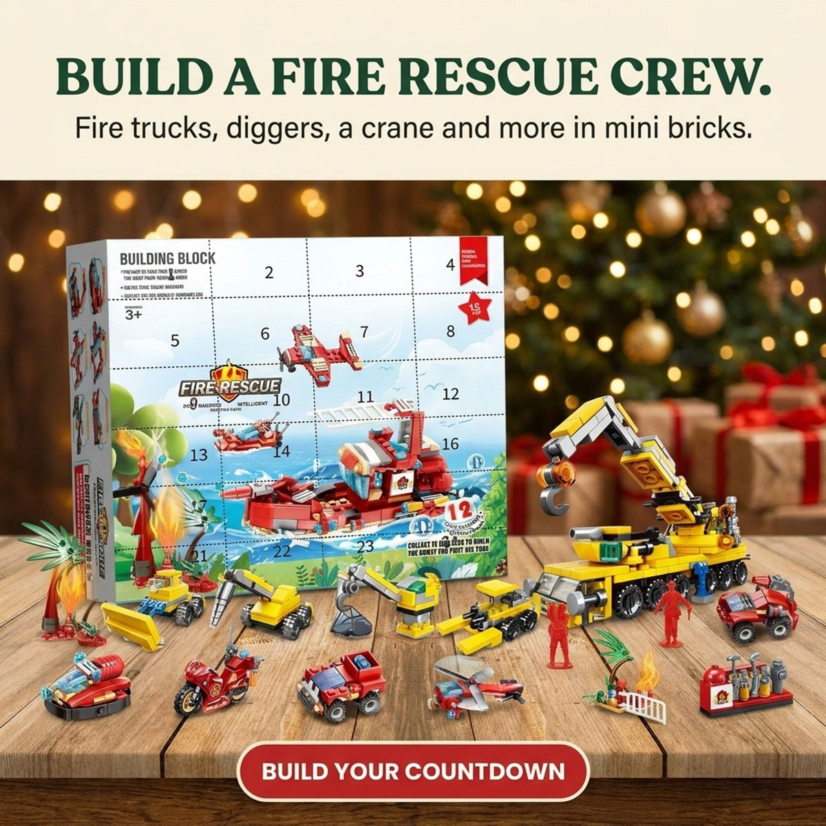 Fire Rescue and Construction Advent Calendar, Mini Brick Vehicles plus Crane and Rescue Boat