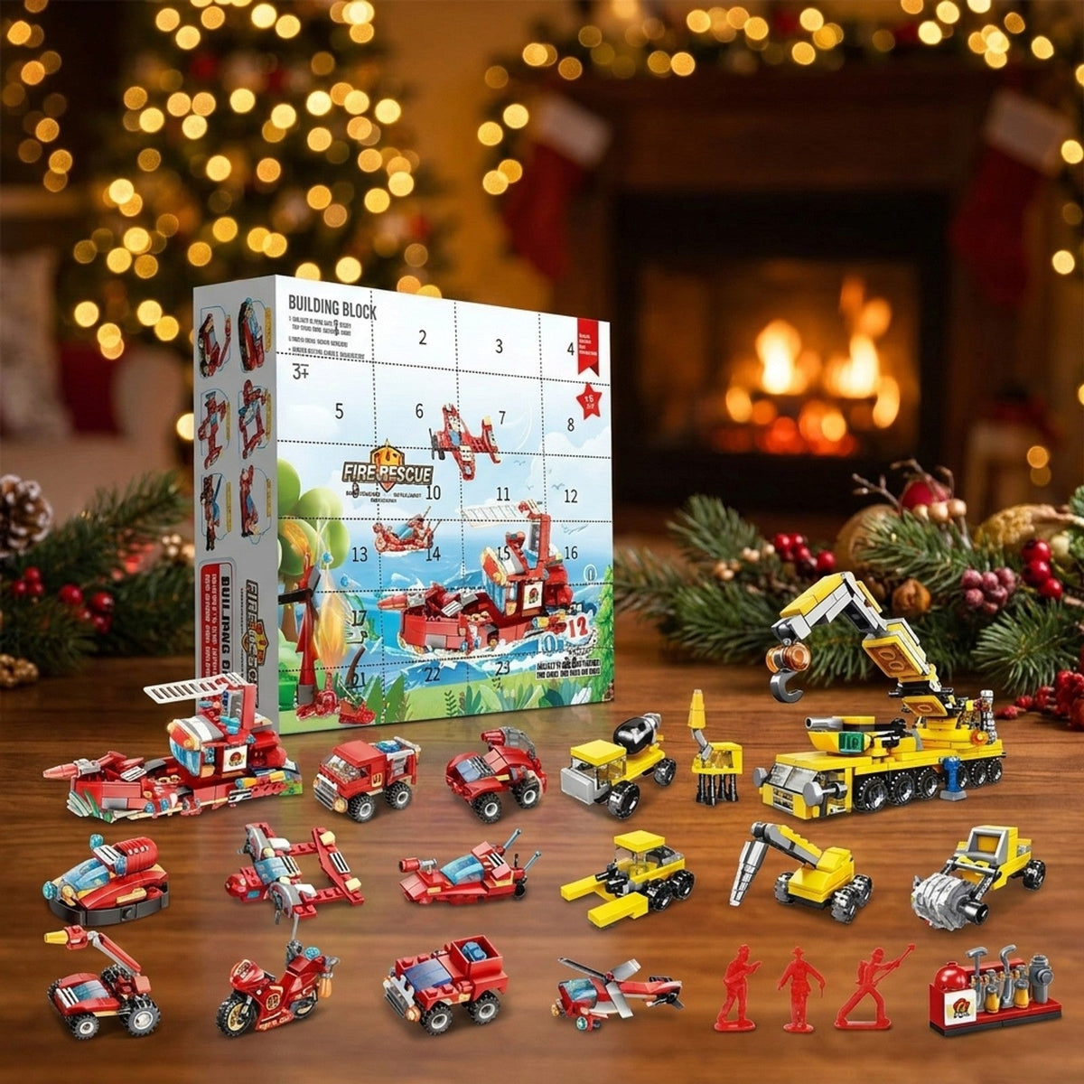 Fire Rescue and Construction Advent Calendar, Mini Brick Vehicles plus Crane and Rescue Boat