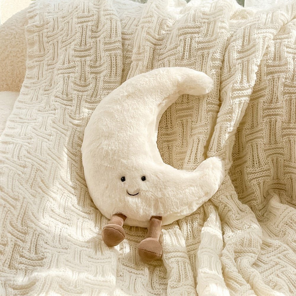 Fuzzy Sun and Moon Plush Decorative Throw Pillow with Embroidered Smiling Face