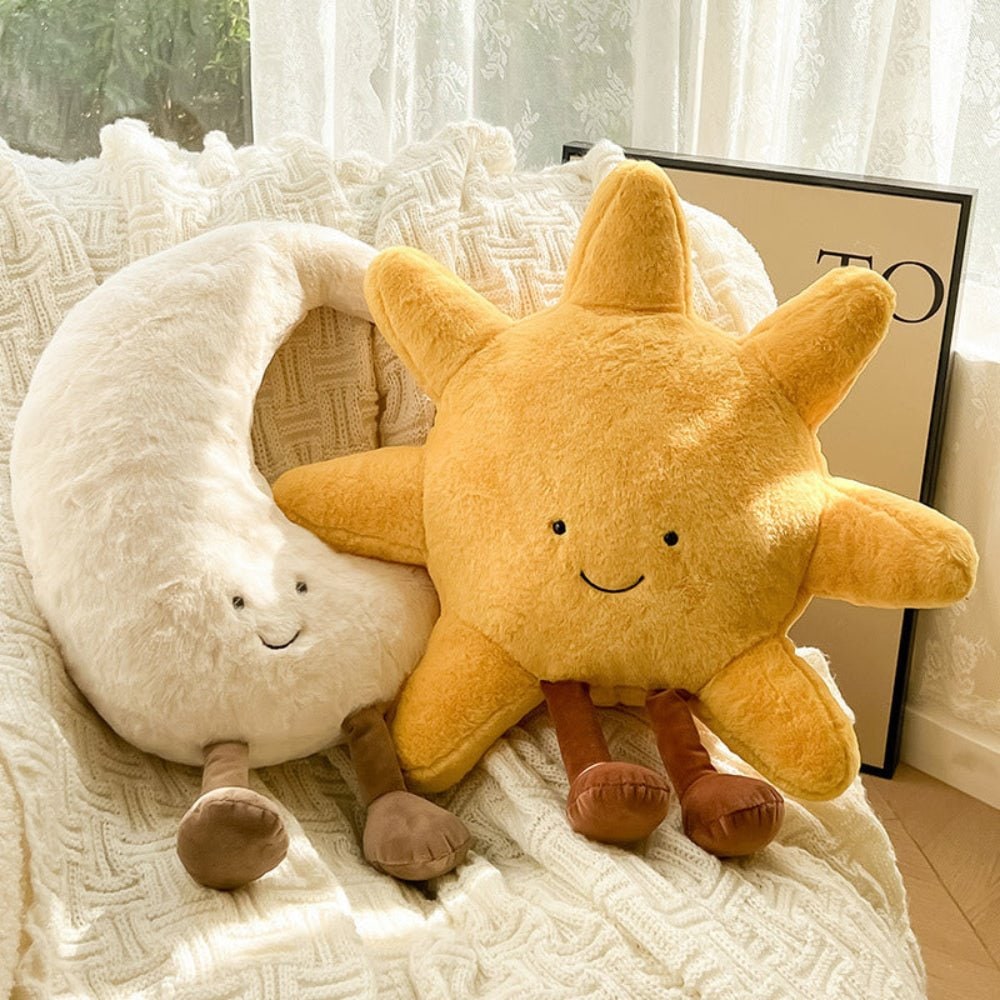 Fuzzy Sun and Moon Plush Decorative Throw Pillow with Embroidered Smiling Face