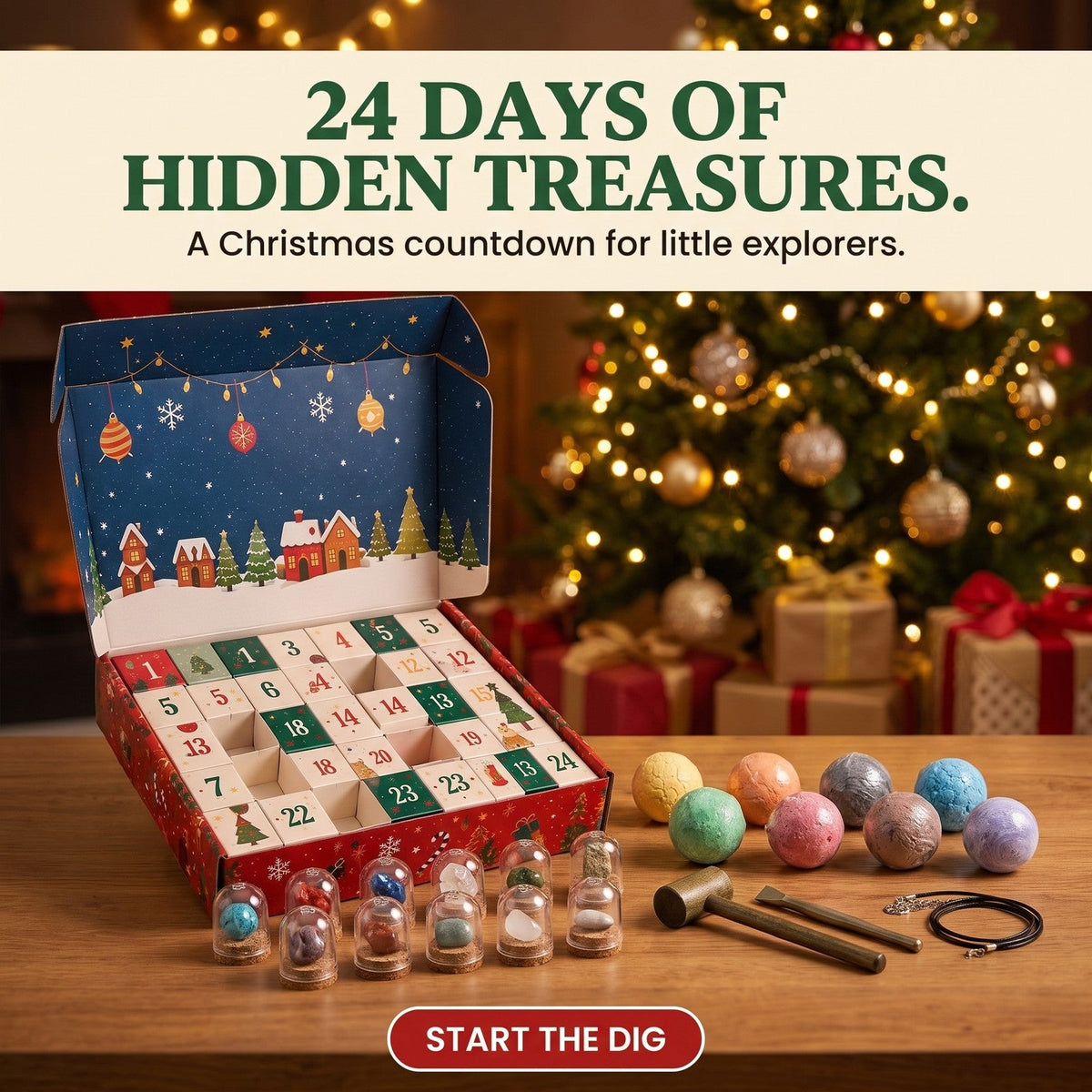 Gemstone Dig Advent Calendar for Kids, 24 Days of Treasure Hunting