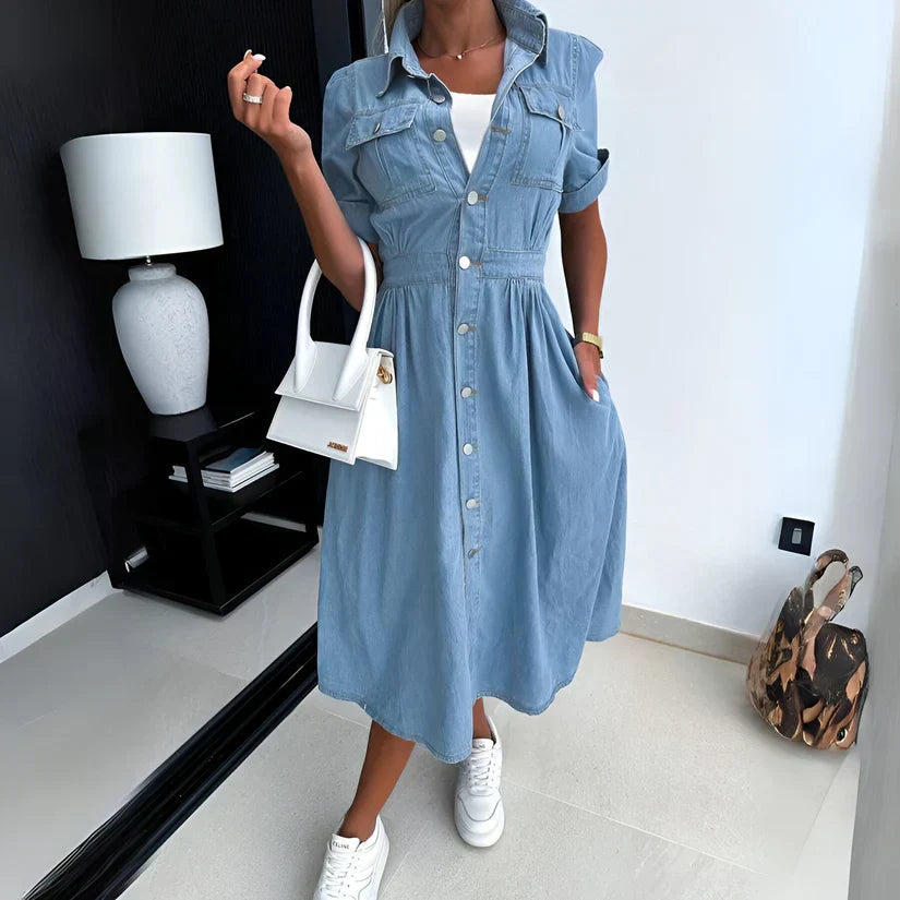 Image of Gina | Women's Button-Front Denim Midi Dress