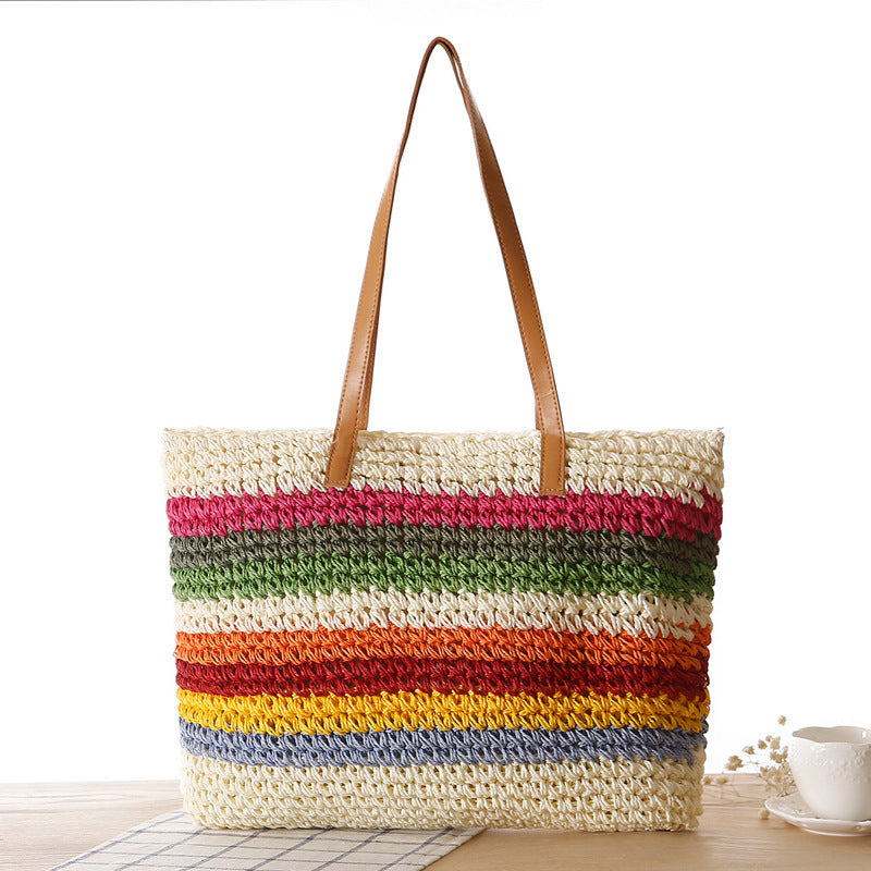 Handwoven Raffia Tote Bag with Colorful Stripes